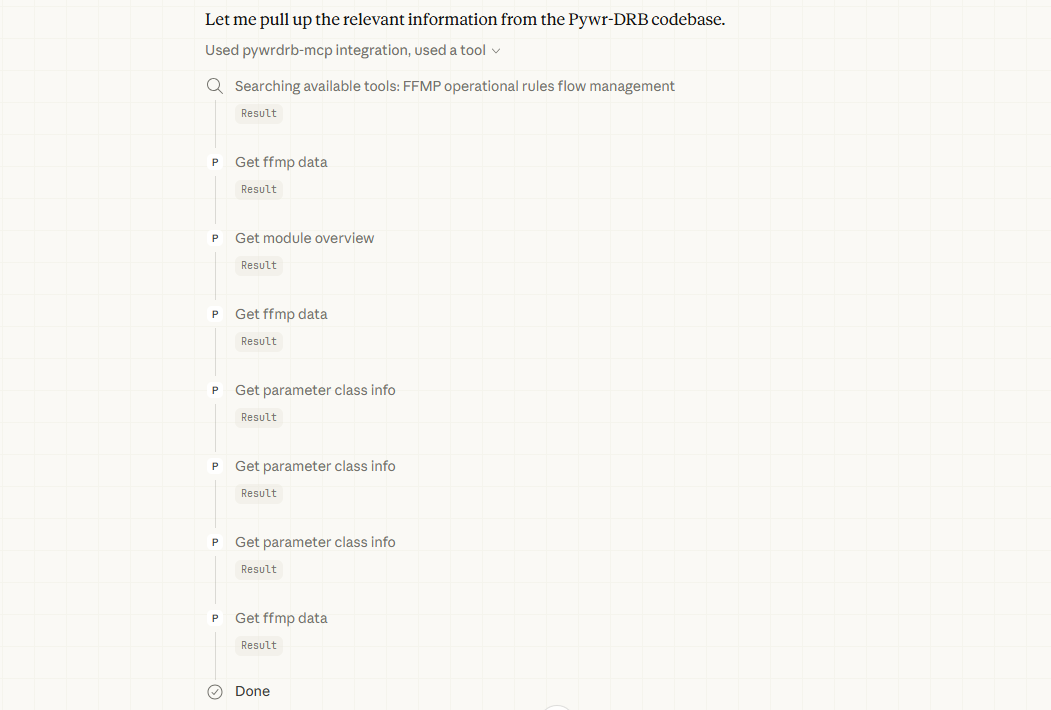 Claude Code using the custom Pywr-DRB MCP server